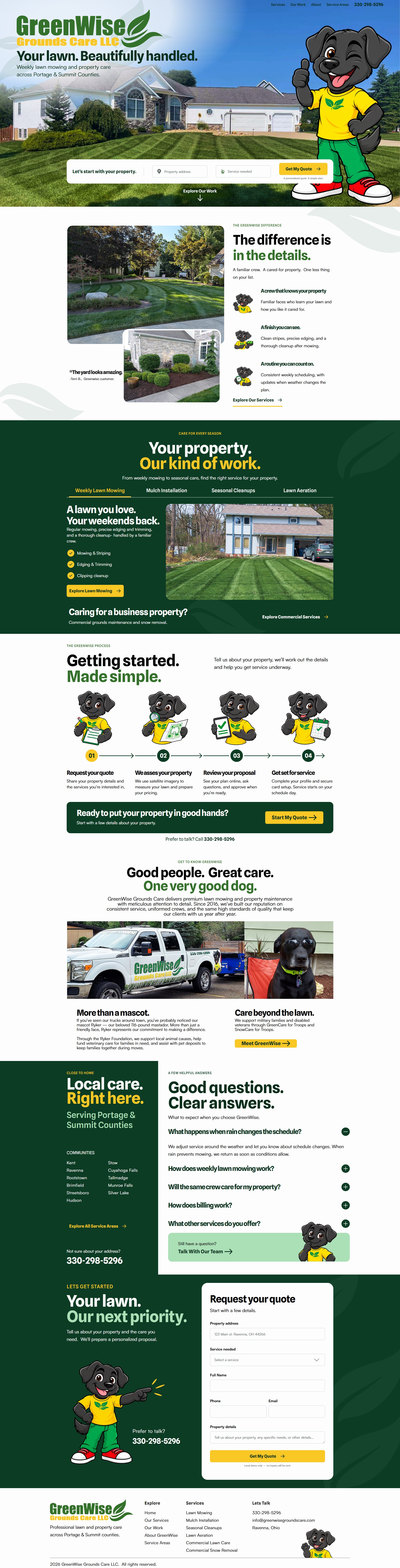 GreenWise website featuring a cared-for lawn, Ryker the dog mascot, and a quote request