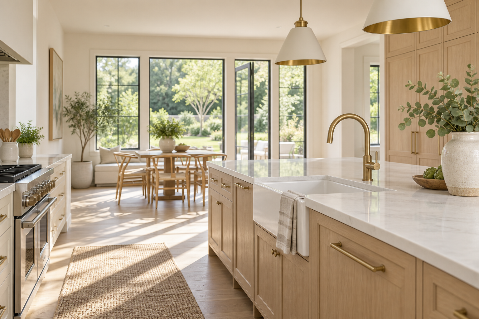 Illustrative bright kitchen with a sink and pendant lighting