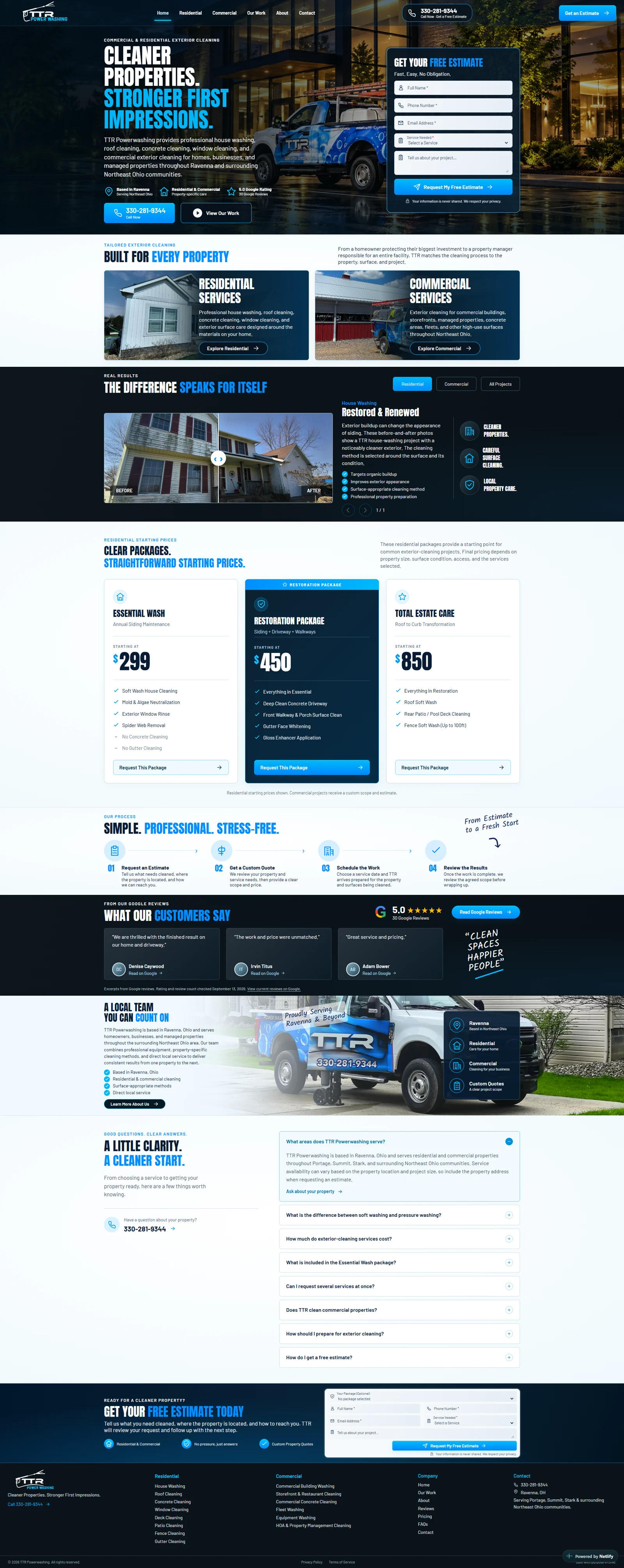 TTR Powerwashing website with service information, project imagery, and an estimate form